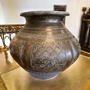 Antique Brass Water Pot Holy Water Kalash Handcrafted Peacock & Flower Design